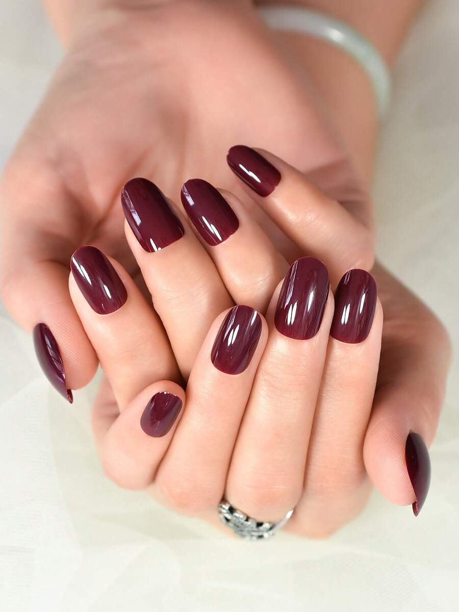 Transform Your Nails with 24pcs Medium Almond glossy deep purple-red color Professional & Portable F - Burgundy - View 1