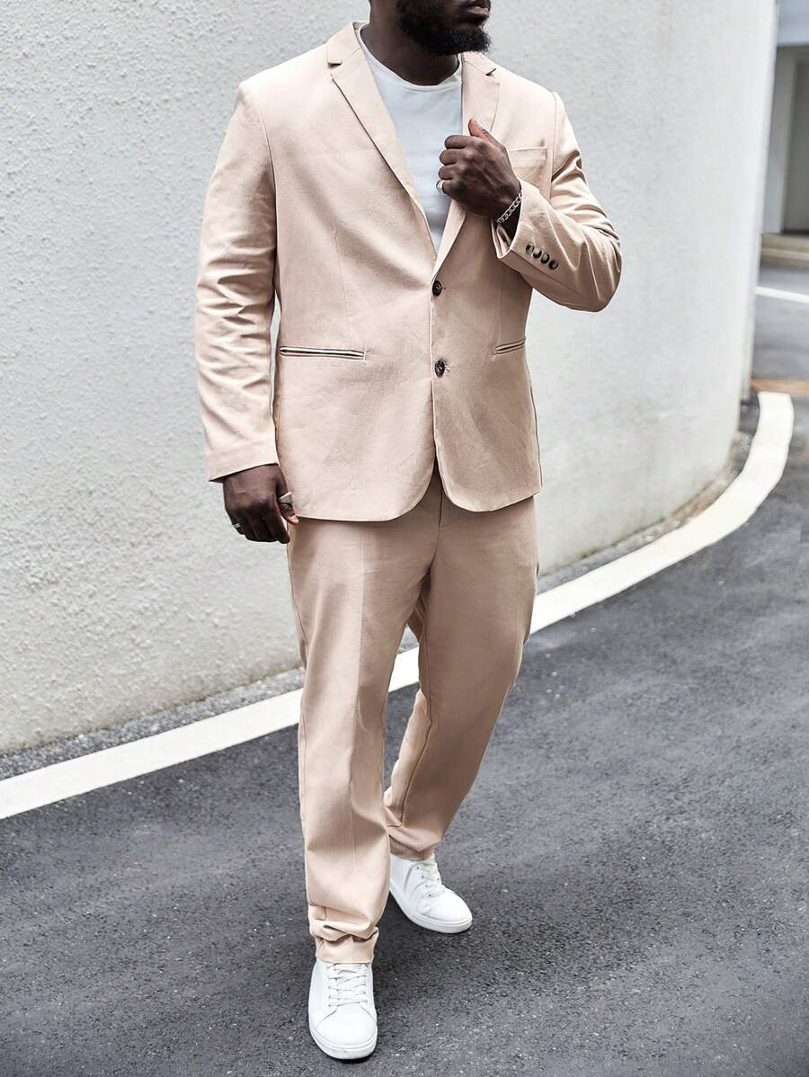 Manfinity VCAY 男士棉素色單排釦西裝外套和西裝褲 - 米色 - 查看 1