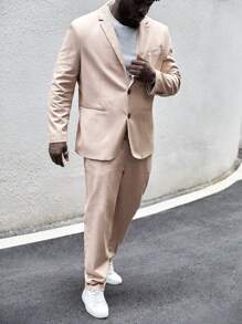 Manfinity VCAY 男士棉素色單排釦西裝外套和西裝褲 - 米色 - 查看 4