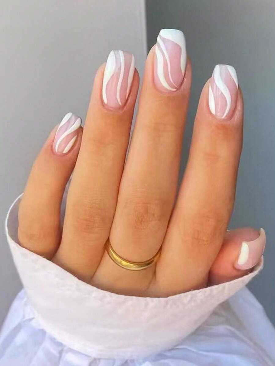 Trở nên quyến rũ với 24 chiếc Groovy Swirl Ngắn Sọc Vuông Bao Bọc Toàn Bộ Móng Tay Giả Ấn Vào Bộ Dụng Cụ Làm Móng Tay - Nhiều màu - Xem 1