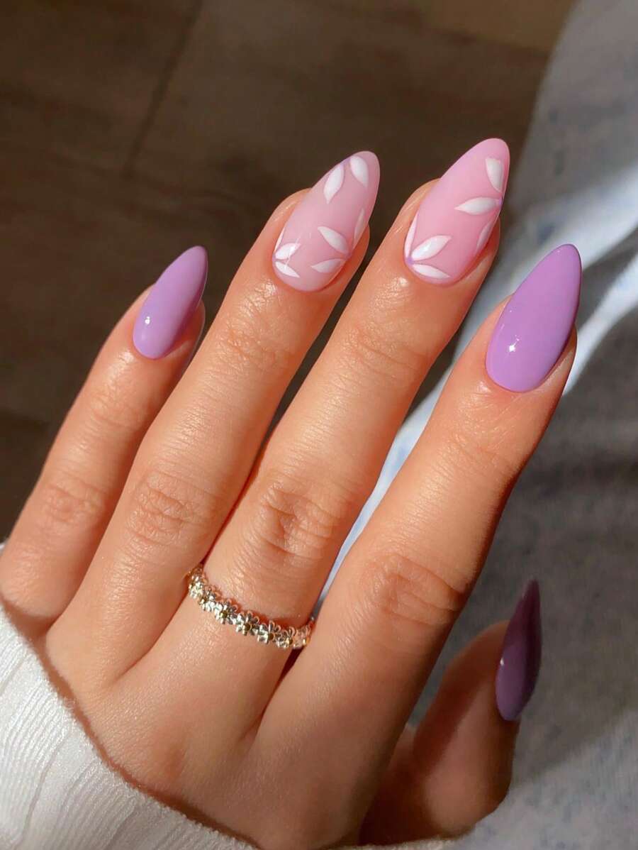 Obtenga glamoroso con 24 piezas de pétalos florales, almendras largas, cobertura completa, juego de uñas postizas, kit de manicura para uñas - Púrpura malva - Ver 1