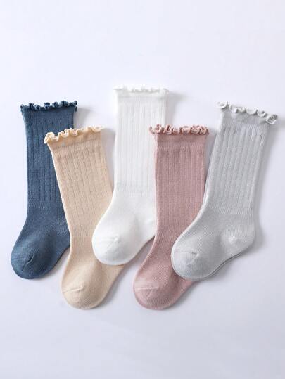 5pairs Baby Ruffle Trim Knee High Socks For Spring & Fall