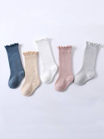 5 par Baby Ruffle Trim Knähöga strumpor för vår och höst