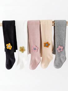 5双装春秋季中等厚度蝴蝶结花卉图案女童连裤袜，舞蹈袜/竖条纹连裤袜 - 彩色 - 查看 2