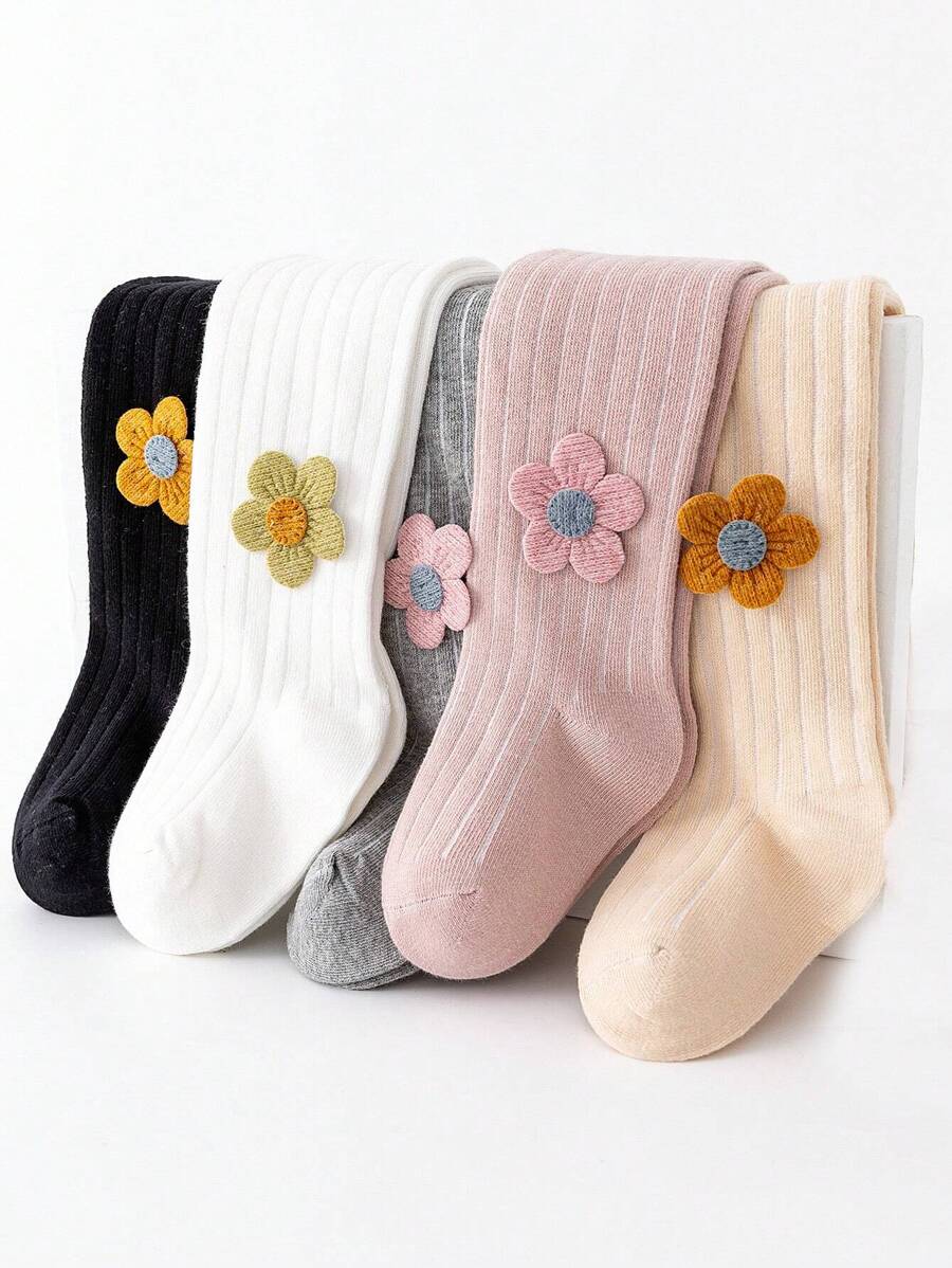 5双装春秋季中等厚度蝴蝶结花卉图案女童连裤袜，舞蹈袜/竖条纹连裤袜 - 彩色 - 查看 1
