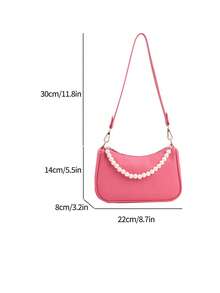 Faux Pearl Decor Hobo Bag Zipper Small - Hot Pink - View 3