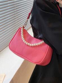 Faux Pearl Decor Hobo Bag Zipper Small - Hot Pink - View 4