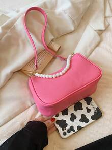 Faux Pearl Decor Hobo Bag Zipper Small - Hot Pink - View 5