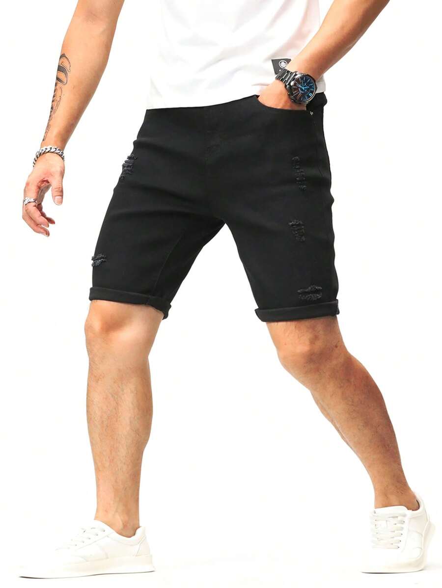 Manfinity 男士棉破洞抽鬚反摺褲腳百慕大牛仔短褲 - 黑色 - 查看 1