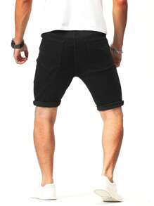 Manfinity 男士棉破洞抽鬚反摺褲腳百慕大牛仔短褲 - 黑色 - 查看 2