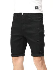 Manfinity 男士棉破洞抽鬚反摺褲腳百慕大牛仔短褲 - 黑色 - 查看 3