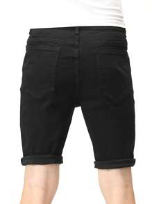 Manfinity 男士棉破洞抽鬚反摺褲腳百慕大牛仔短褲 - 黑色 - 查看 4