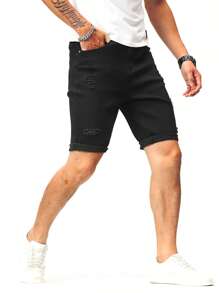 Manfinity 男士棉破洞抽鬚反摺褲腳百慕大牛仔短褲 - 黑色 - 查看 5