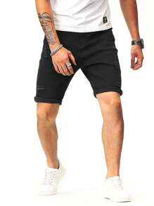 Manfinity 男士棉破洞抽鬚反摺褲腳百慕大牛仔短褲 - 黑色 - 查看 6