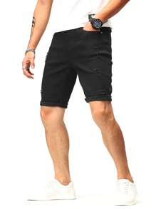 Manfinity 男士棉破洞抽鬚反摺褲腳百慕大牛仔短褲 - 黑色 - 查看 7