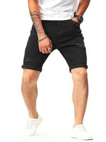 Manfinity Men Cotton Ripped Frayed Roll Hem Bermuda Denim Shorts - Black - View 1