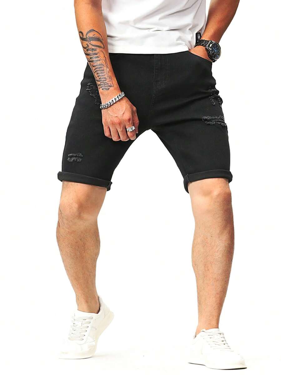 Manfinity Men Cotton Ripped Frayed Roll Hem Bermuda Denim Shorts - Black - View 1
