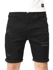 Manfinity Men Cotton Ripped Frayed Roll Hem Bermuda Denim Shorts - Black - View 3