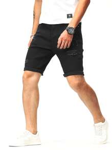 Manfinity Men Cotton Ripped Frayed Roll Hem Bermuda Denim Shorts - Black - View 6