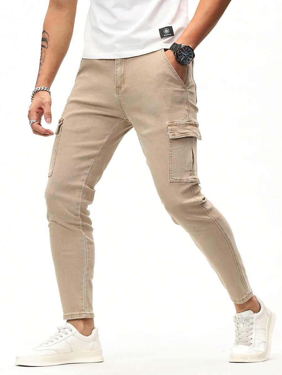 Manfinity Homme Men Cotton Flap Pocket Side Cargo Jeans - Apricot - View 1