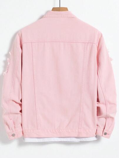 Manfinity Homme Men Long Sleeve Ripped Frayed Flap Pocket Denim Jacket Without Tee, Plain Light Pink Party Punk Rock Denim Jacket For Boyfriend Gift Going Out Hang Out Urban Commute Vacation, Fall