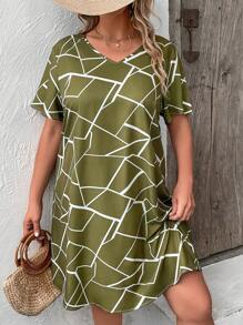 SHEIN LUNE Đầm Plus Size Hình học Giải trí - xanh quân đội - Xem 3