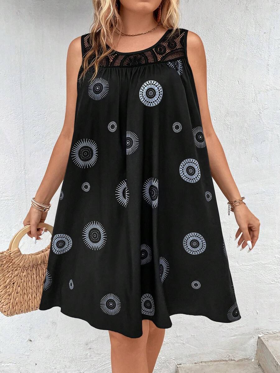 EMERY ROSE 大碼圖案印花蕾絲拼接連衣裙 - 黑色 - 查看 1