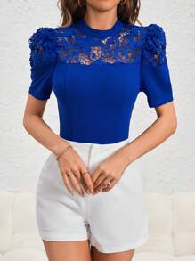 SHEIN Privé Áo thun nữ Nút Tương phản ren màu trơn Giải trí - Xanh đậm - Xem 3