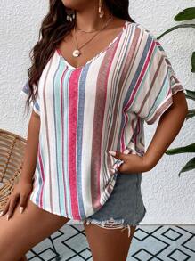 SHEIN LUNE Plus Striped Print Batwing Sleeve Blouse - Multicolor - View 1