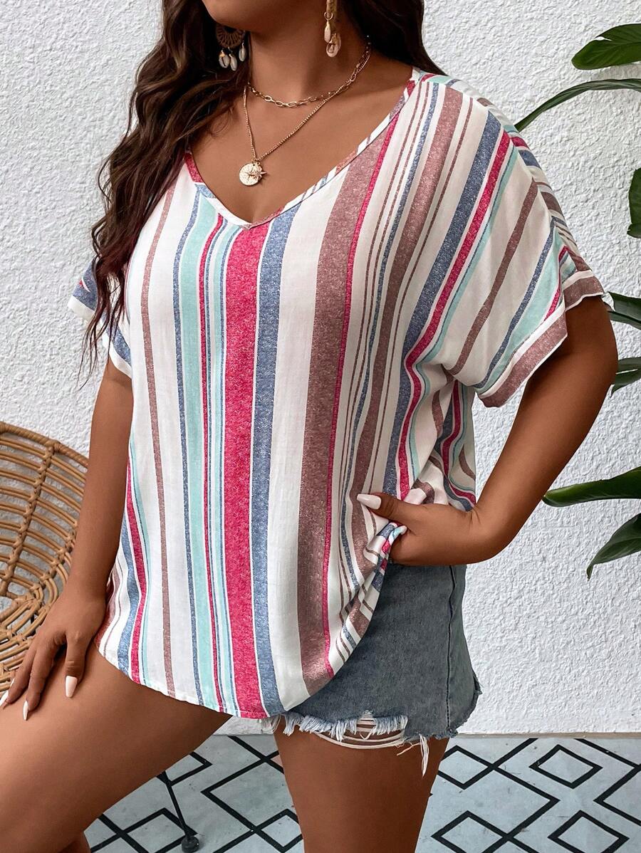 SHEIN LUNE Plus Striped Print Batwing Sleeve Blouse - Multicolor - View 1