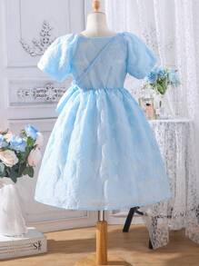 Girls Jacquard Square Neck Puff Sleeve Dress - Blue - View 2