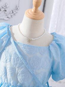 Girls Jacquard Square Neck Puff Sleeve Dress - Blue - View 3