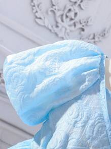 Girls Jacquard Square Neck Puff Sleeve Dress - Blue - View 4