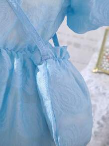 Girls Jacquard Square Neck Puff Sleeve Dress - Blue - View 5