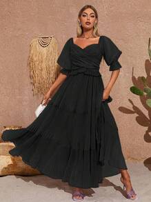Sweetheart Neck Puff Sleeve Ruffle Hem Bridesmaid Dress - Black - View 1