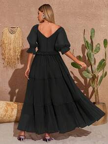 Sweetheart Neck Puff Sleeve Ruffle Hem Bridesmaid Dress - Black - View 2