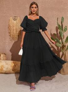 Sweetheart Neck Puff Sleeve Ruffle Hem Bridesmaid Dress - Black - View 3