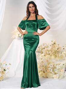 MUXXN 繞頸魚尾裙下擺緞面洋裝