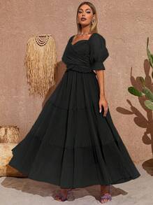 Sweetheart Neck Puff Sleeve Ruffle Hem Bridesmaid Dress - Black - View 5