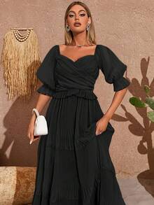 Sweetheart Neck Puff Sleeve Ruffle Hem Bridesmaid Dress - Black - View 6