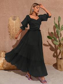 Sweetheart Neck Puff Sleeve Ruffle Hem Bridesmaid Dress - Black - View 7