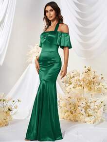 MUXXN 繞頸魚尾裙下擺緞面洋裝