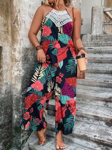 SHEIN Holidaya Plus Tropical Print Guipure Lace Insert Halter Neck Backless Wide Leg Jumpsuit - Multicolor - View 4
