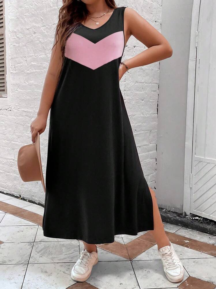 SHEIN LUNE Plus Colorblock Split Thigh Tank Dress - Black - View 3