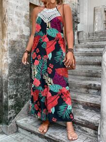 SHEIN Holidaya Plus Tropical Print Guipure Lace Insert Halter Neck Backless Wide Leg Jumpsuit - Multicolor - View 6