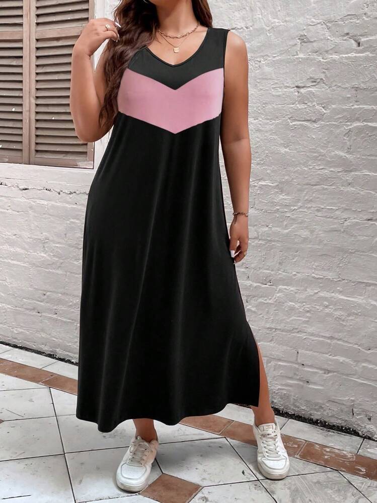 SHEIN LUNE Plus Colorblock Split Thigh Tank Dress - Black - View 5