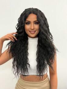 13*5*1 T字型合成高溫futura纖維長毛fluffy Kinky捲黑色花邊前髮女裝日常派對用無痕耐高溫纖維頭髮150%高密度28吋中分款式自然插入髮際高清透明蕾絲假髮&1入假髮帽 - 黑色 - 查看 4