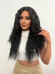 13*5*1 T字型合成高溫futura纖維長毛fluffy Kinky捲黑色花邊前髮女裝日常派對用無痕耐高溫纖維頭髮150%高密度28吋中分款式自然插入髮際高清透明蕾絲假髮&1入假髮帽 - 黑色 - 查看 6