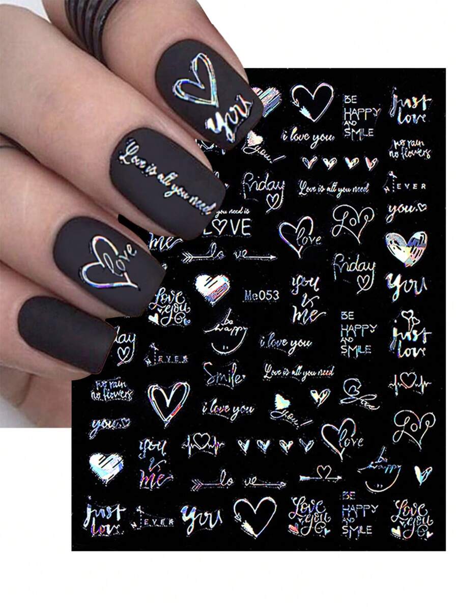 1sheet Heart & Letter Graphic Nail Art Sticker - فضي - مشاهدة 1