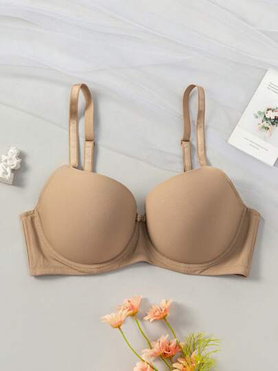 Plus Size Casual Comfy Fabric Plain Mocha Brown Bra With Cup Detail Medium Stretch, Lift